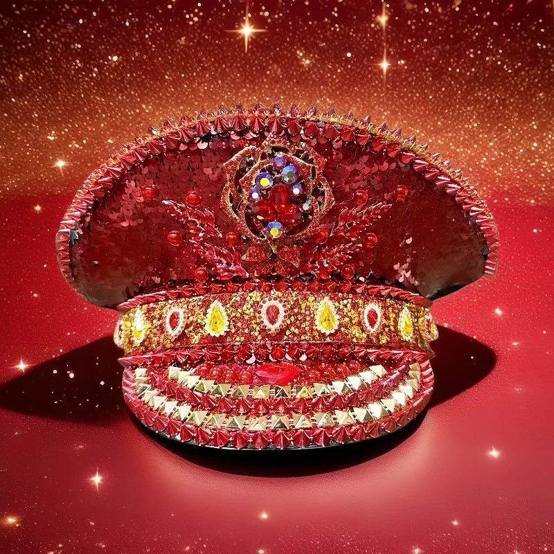 Red Rose Bling Captain Hat Rhinestone for Woman Steampunk Military Cap for Men Burning Man Music Festivals Accessories