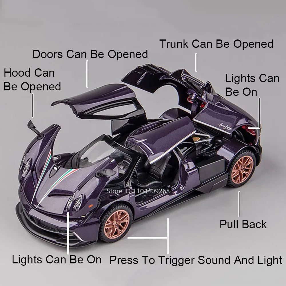 1:32 Scale Pagani Dinastia Huayra BC Car Model Toy Sound Light Gull Wing Door Alloy Diecast Supercar Models Boys Gifts
