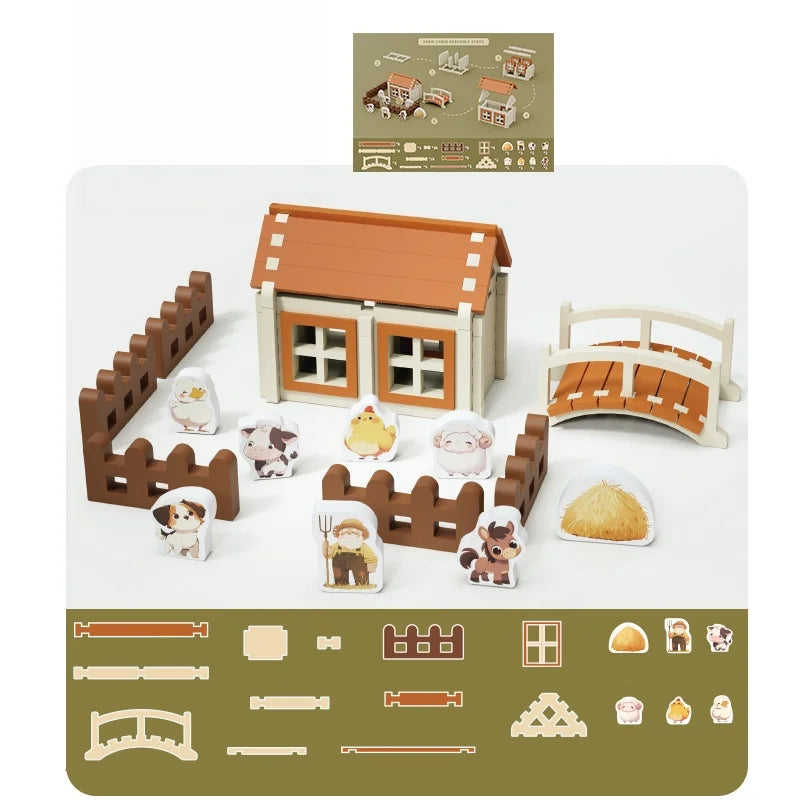 Wooden Beach Villa Building Blocks Construction Toy Set