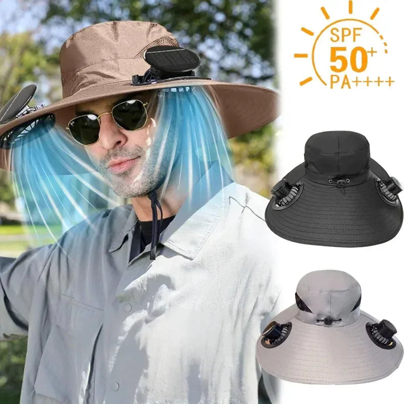 Wide Brim Solar Fan Hat With Dual Fans