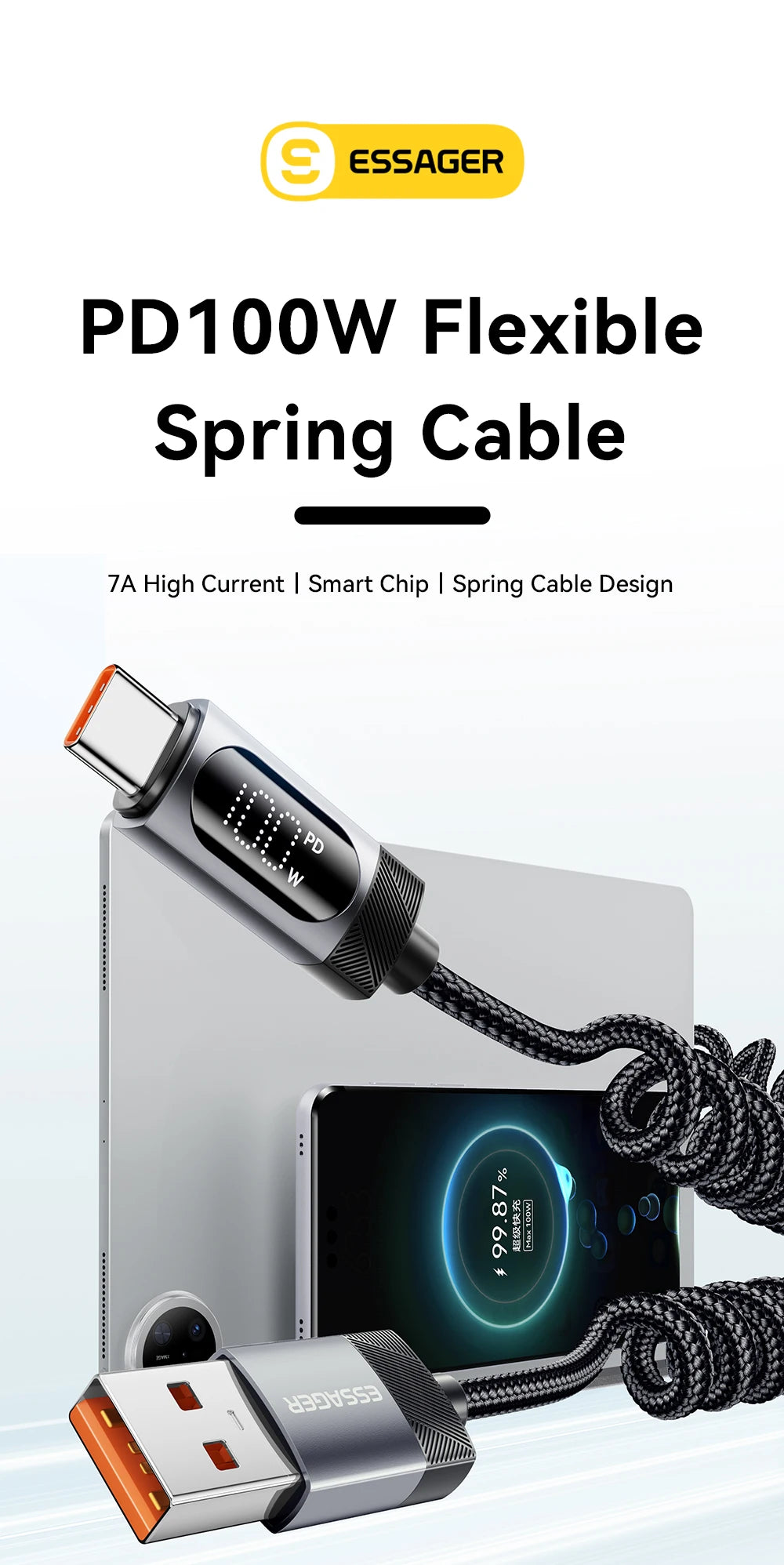 100W Car Spring USB-C to USB-C Fast Charging Cable (Retractable)