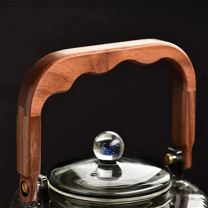 Large Capacity 1200ml Vertical Stripe Pattern Glass Tea Pot Kungfu Tea Set Wooden Beam Tea Kettle Brewing Puer Teapot Teaware