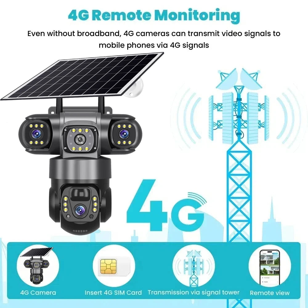 12MP 6K  Outdoor Solar 4G Camera Three Lens Three Screen PIR Motion Detection Cam Waterproof Night Vision Smart Security CCTV