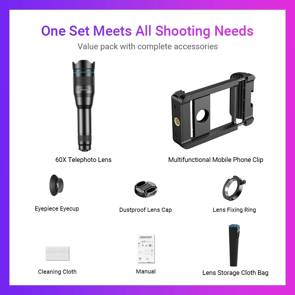 60X Smartphone Telephoto Telescope Lens with Universal Clip