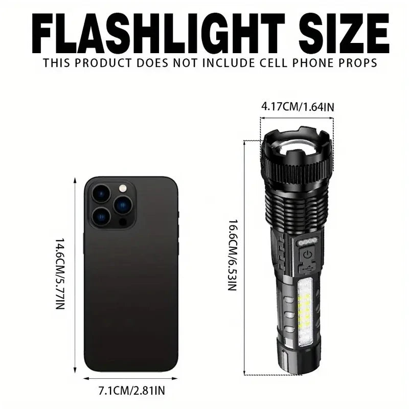 High Power Rechargeable LED Flashlight With Zoom And COB Side Light
