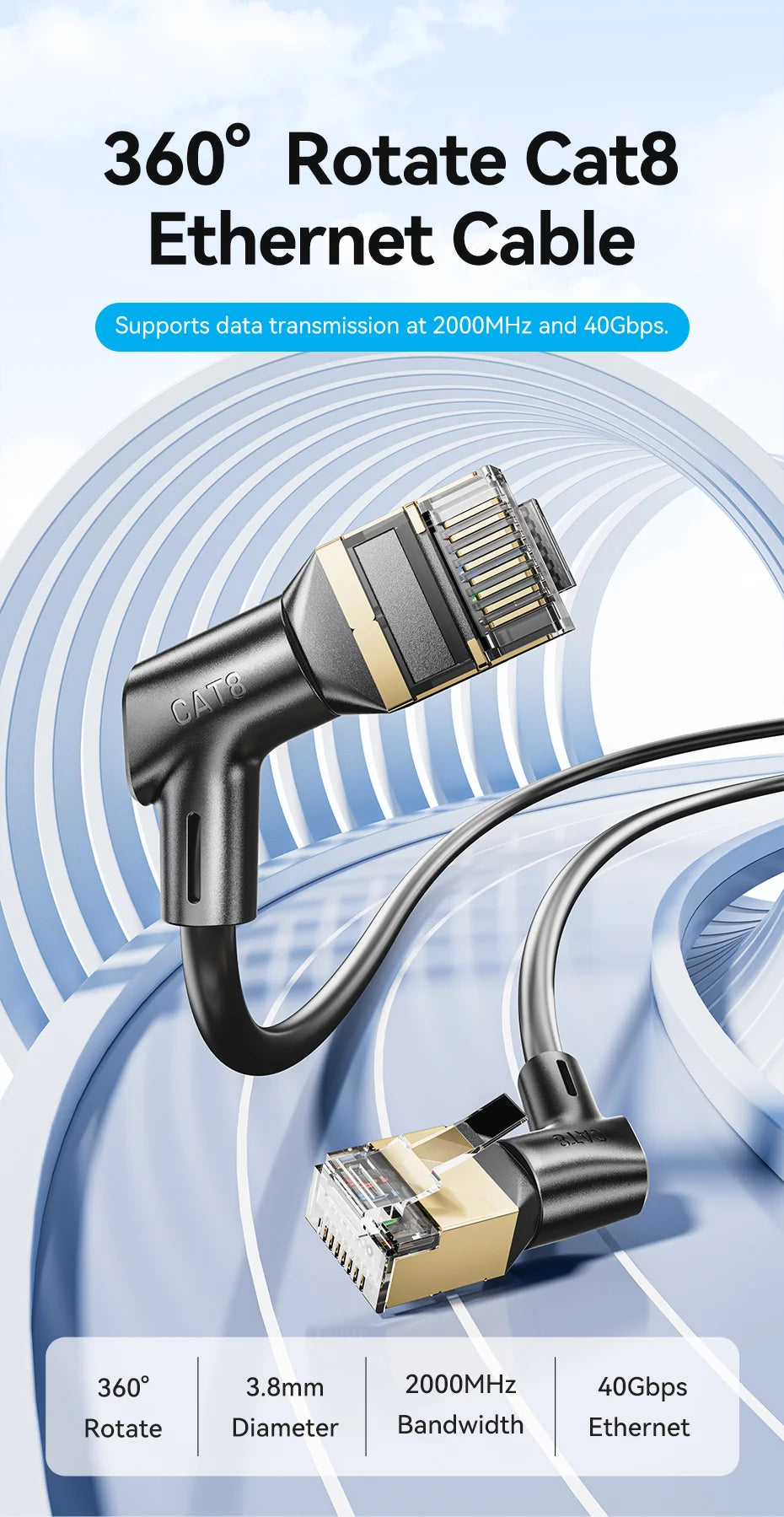 CAT8 Ethernet Cable 40Gbps 2000MHz 360 Degree Rotate CAT 8 Networking Internet Lan Cord for PC PS 4 Router RJ45 Cable