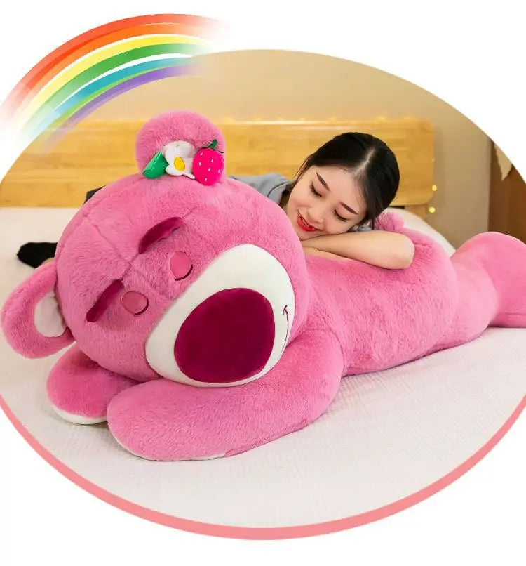 Kawaii Strawberry Bear Plush Stuffed Animal Lying Down Pillow