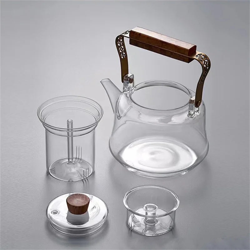 Japanese Heat Resistant Glass Tea Pot with Infuser Copper Wood Handle 1150ml High Borosilicate Tea Kettle