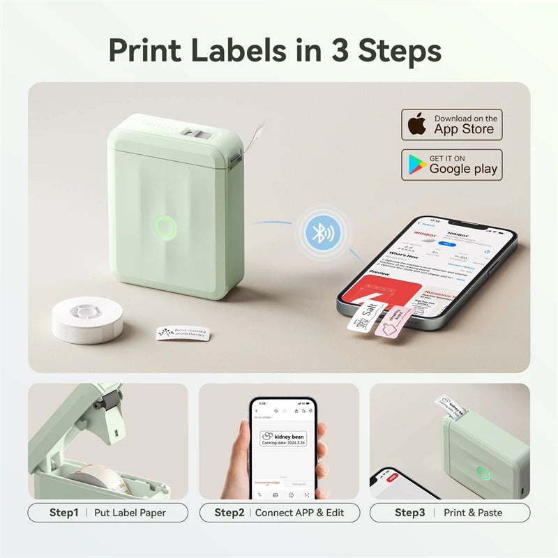 D110 Mini Portable Thermal Label Printer, Bluetooth Smart Label Maker with Adhesive Tape, Inkless 203 DPI for Home, Office & School