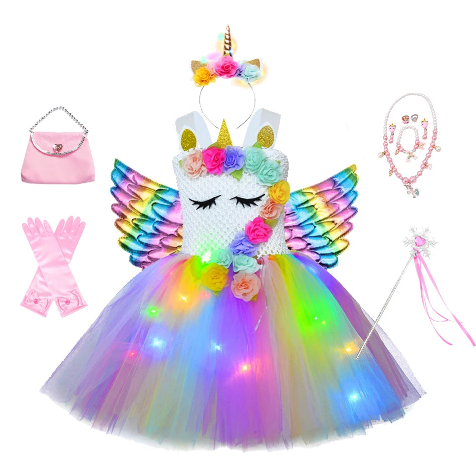 Girl Unicorn Dresses for Girls Tutu Princess Party Dresses with LED Lights Flower Birthday Party Cosplay Costume Girls Clothing