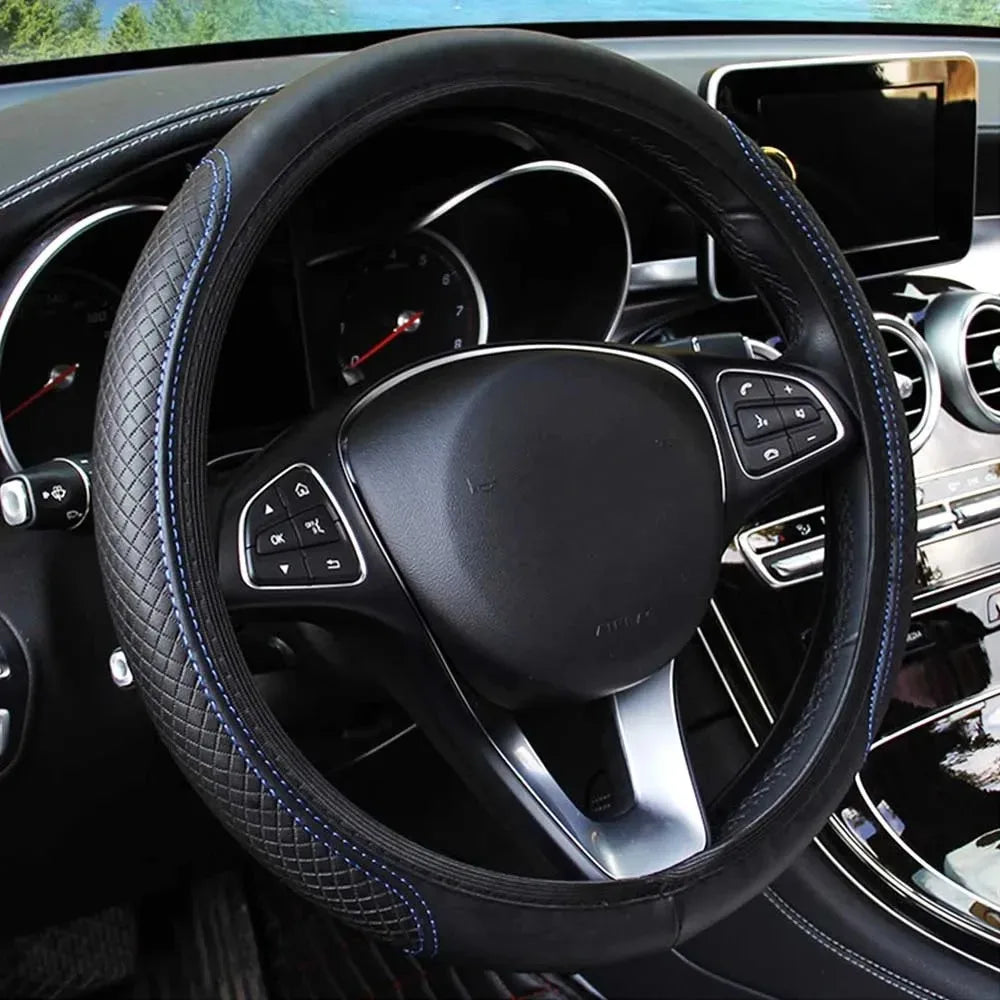 Embossed Leather Car Steering Wheel Cover Anti Slip 37CM 39CM