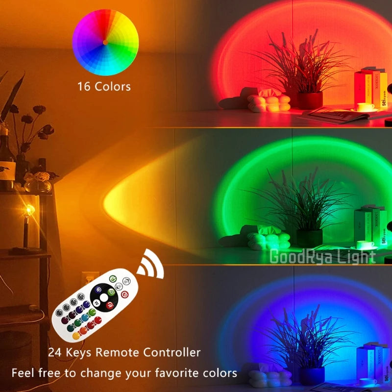 Sunset Light Remote Control Projector Light Portable LED 16 Colours Rainbow Lamp Living Room Coffee Shop Romantic Decoration