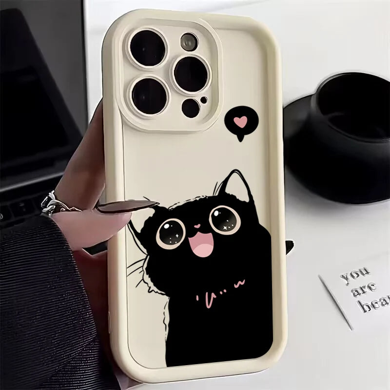 Lovely Black Cat Silicone Case For iPhone 17 16 15 14 Pro Max 16E 16 Plus 17Air Shockproof Back Covers