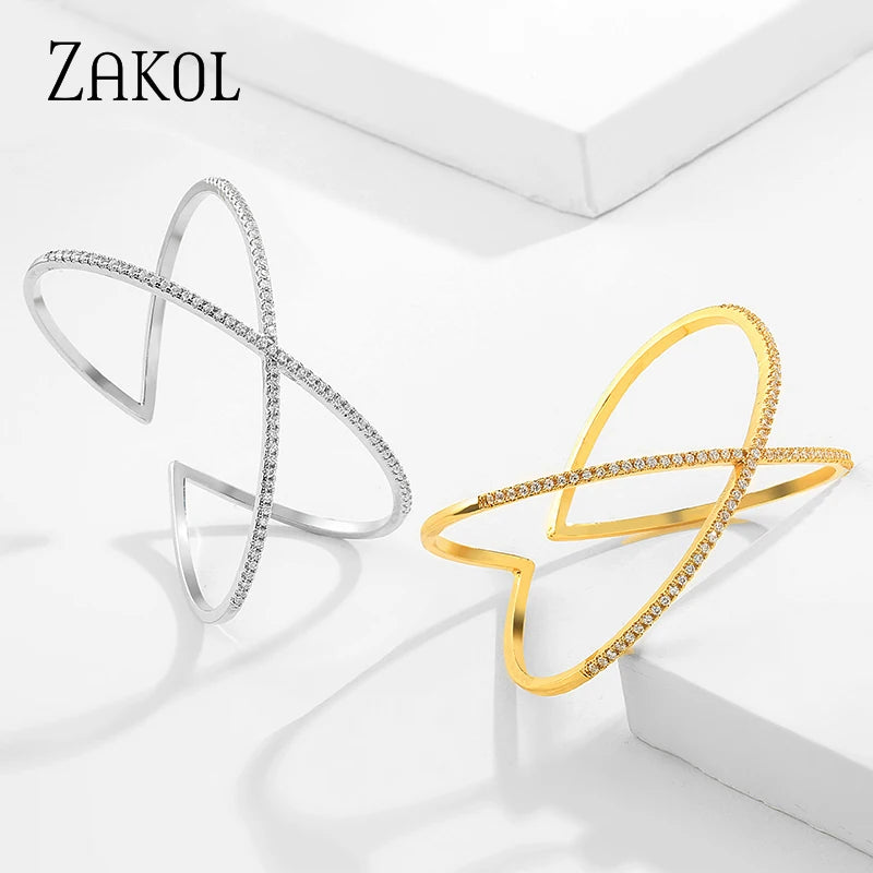 Luxury Cubic Zirconia X shape Cuff Bangles For Women Fashion Cross Girl