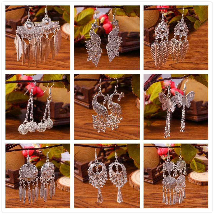 Retro Bright Silver Color Leaf Butterfly Peacock Earrings Tassel Dangle Earrings Jewelry