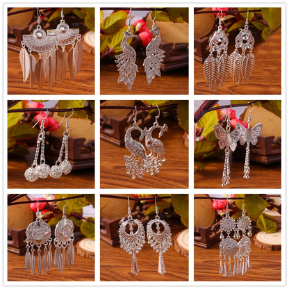 Retro Bright Silver Color Leaf Butterfly Peacock Earrings Tassel Dangle Earrings Jewelry