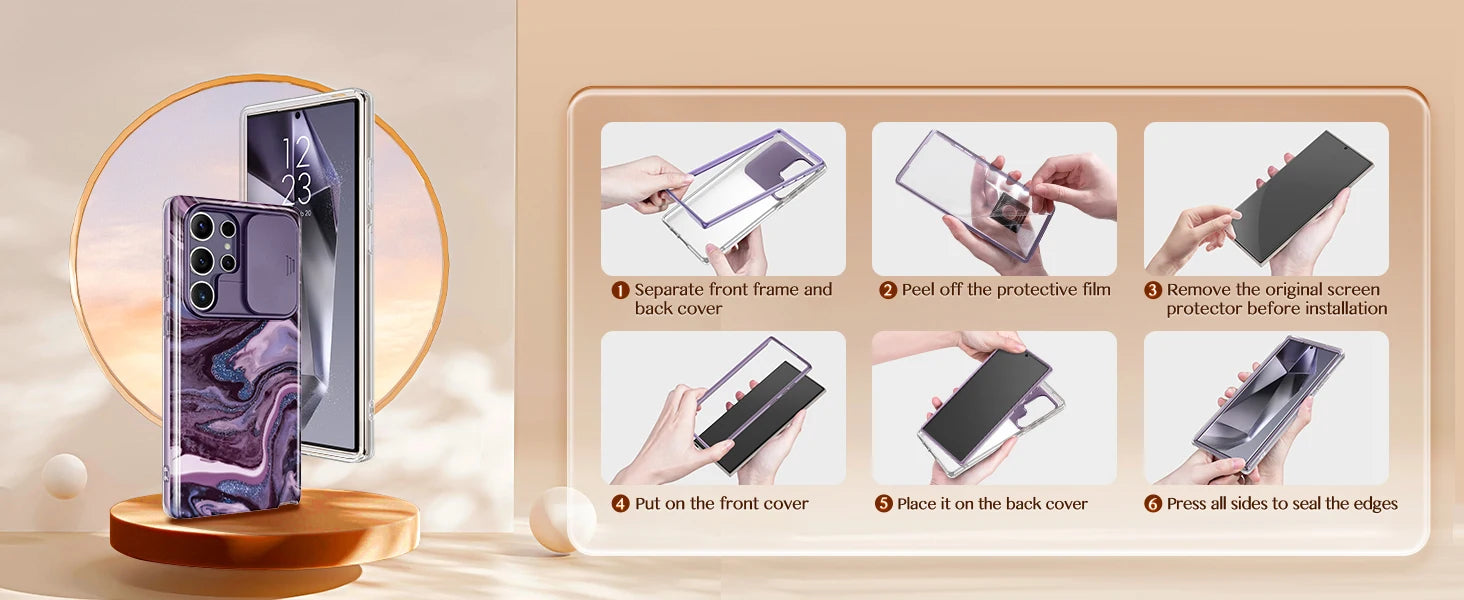 For Samsung Galaxy S24 Ultra Case with 2 Front Frames Slide Camera Lens Protection Heavy Duty Shockproof Marble Phone Case Cover