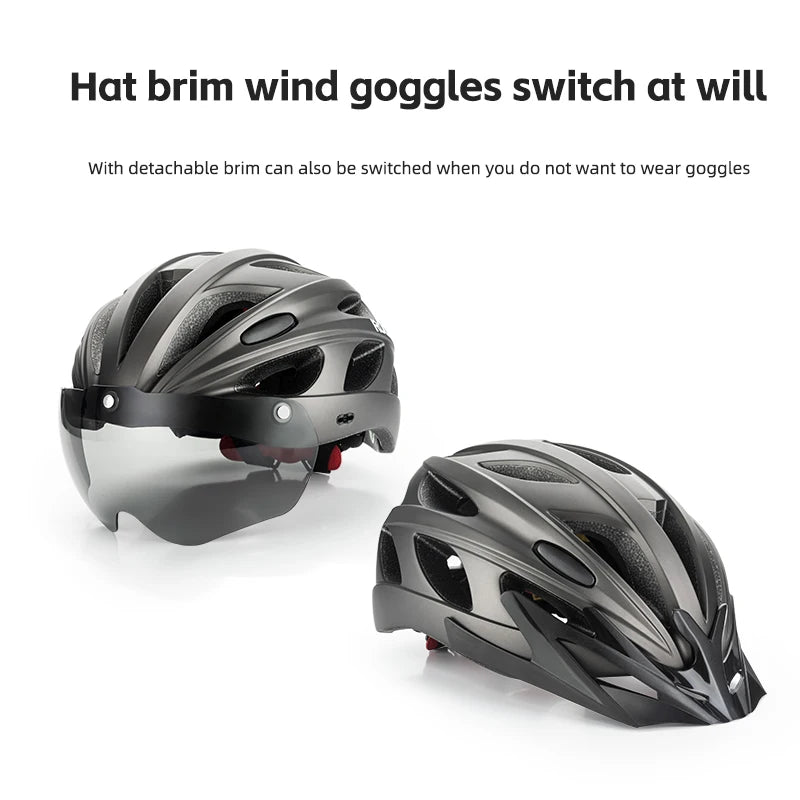 Cycling Helmet With Goggles Visor Brim Adults Riding Bike Helmet Breathable Ultralight MTB Road Bicycle Helmet
