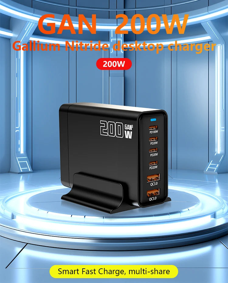 200W Gallium Nitride Multi Port Charging Station - Electronic devices for mobile phones/tablets can be charged simultaneously