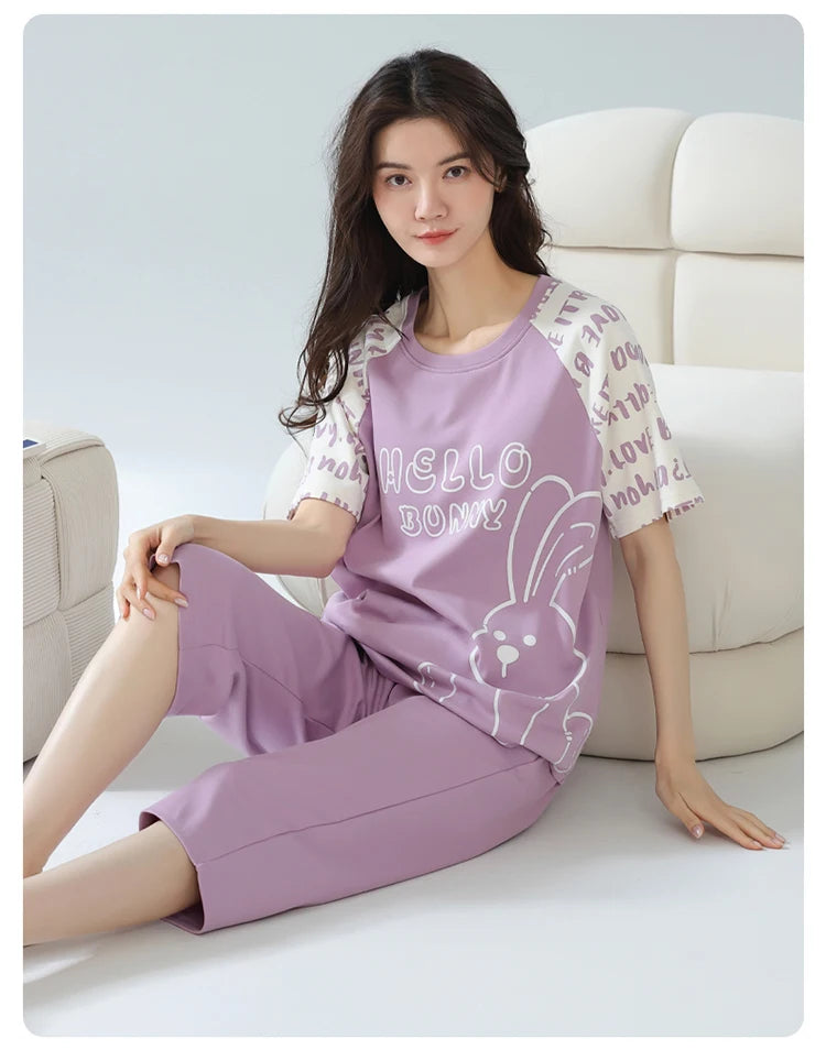 2-Pcs Women’s Cotton Pajama Set – Breathable Short Sleeve Summer Sleepwear with Cute Prints