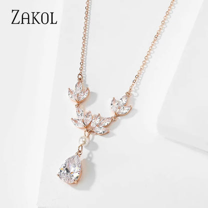 Trendy Leaf Shape Pendant Necklace For Women Water Drop Zirconia Necklaces