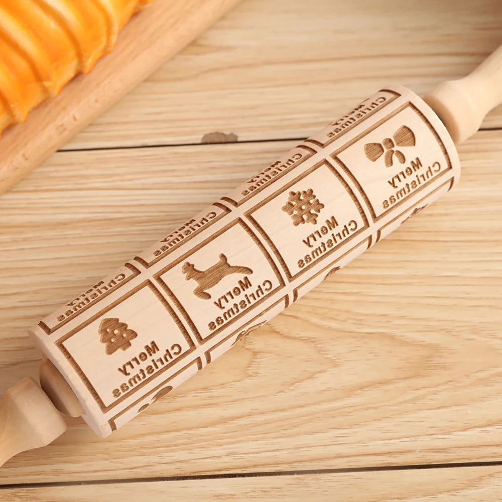 Christmas 35x4.5cm Wooden Rolling Pins Rock Snowflake Elk Engraved Baking Cookies Rolling Pin for Cake Patterned Baking 3D Mold