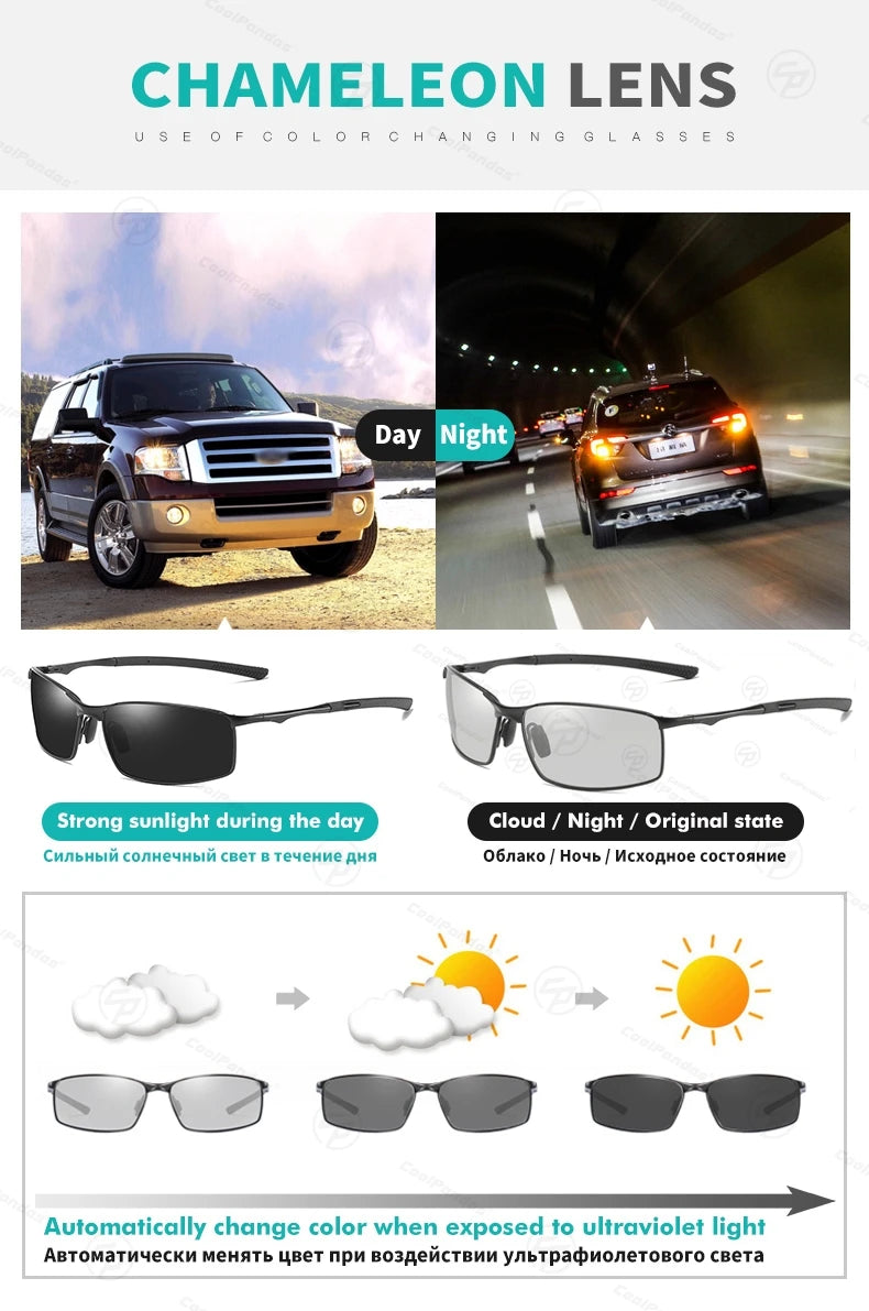 Classic Square Photochromic Polarized Sunglasses UV400 Anti-Glare Driving Glasses for Men Women