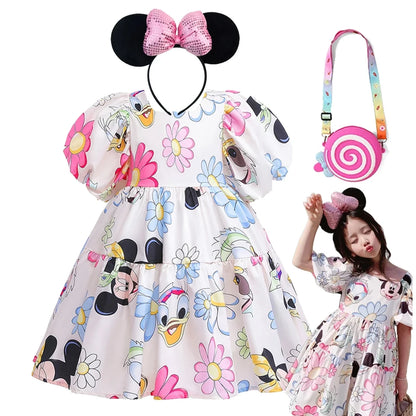 Mickey Mouse Daisy Cartoon Puff Sleeve Clothes Summer Baby Girl Casual Dress Girls Backless Cute Princess Dresses