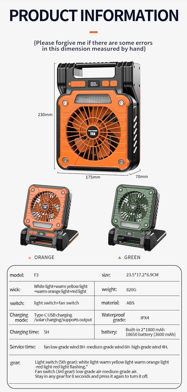 Outdoor Solar Rechargeable Camping Fan Light Foldable Tent Lantern with LED Light USB Portable