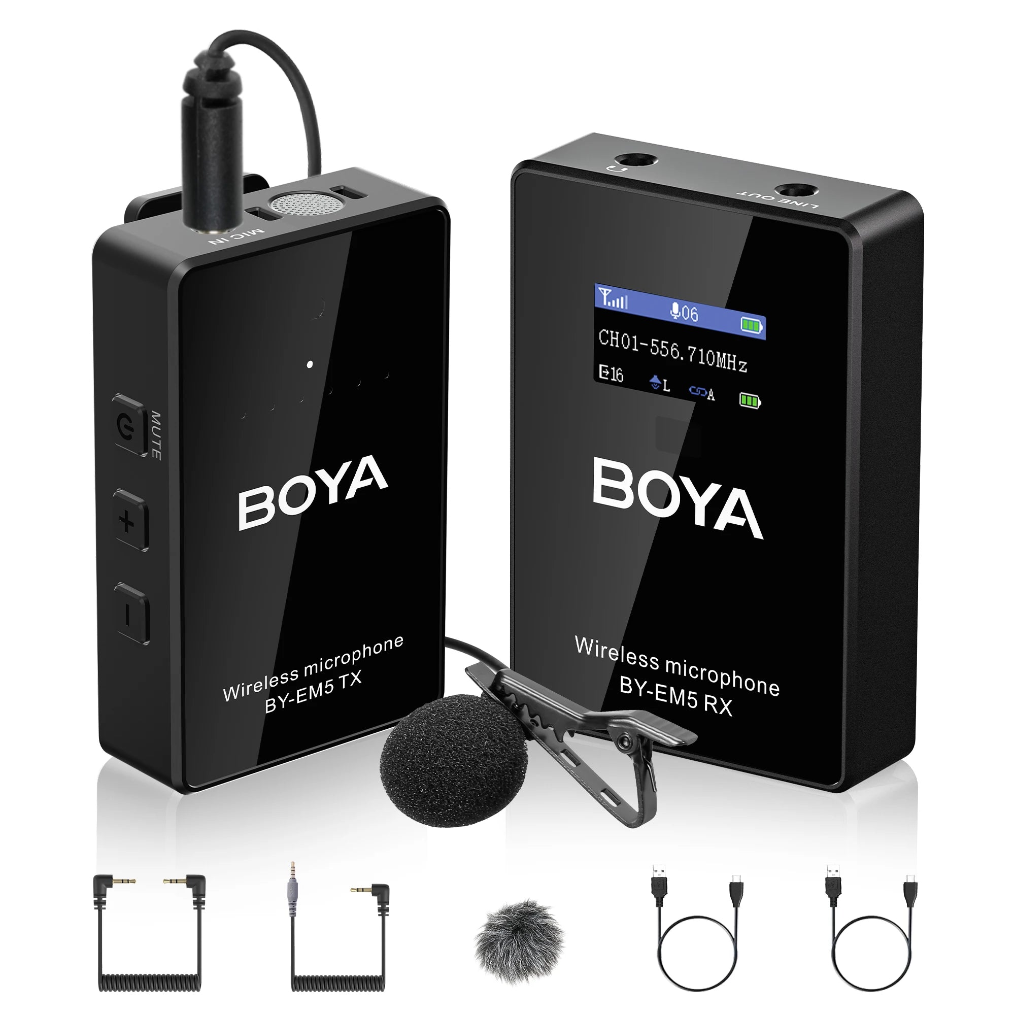 BY-EM5-K1 48-Channel UHF Wireless Lavalier Microphone for iPhone Android PC DSLR Cameras Online Teaching Streaming Youtube