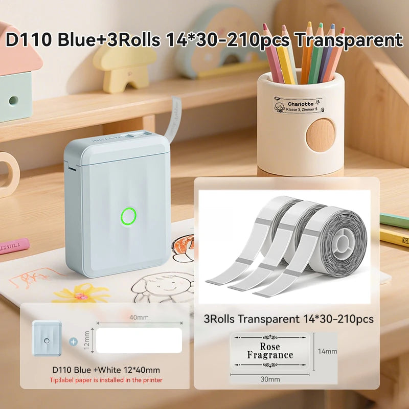 D110 Mini Thermal Label Printer, Bluetooth Portable Smart Label Maker 12–15mm, Inkless Sticker Printer for Home Office Kitchen School