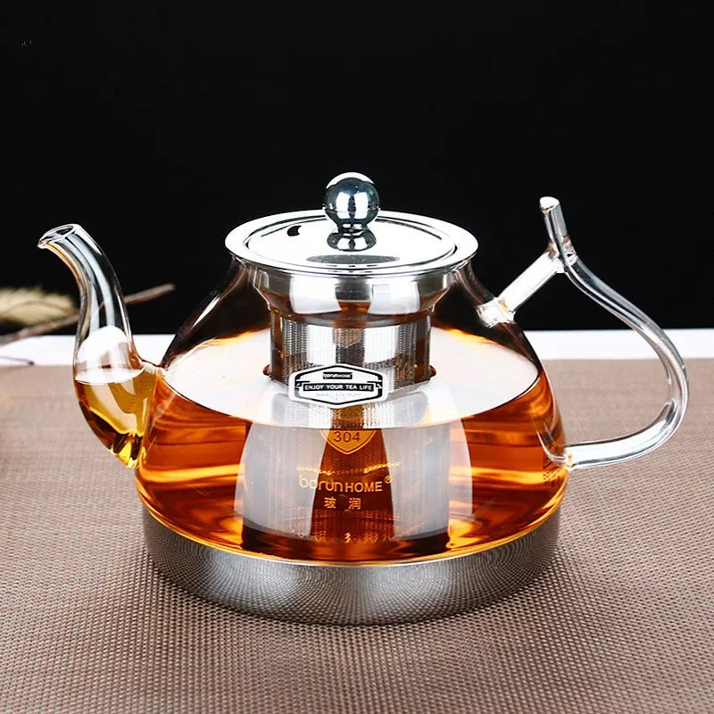 Heat Resistant Glass Teapot with Stainless Steel Filter Large Capacity Induction Kettle 1.2L