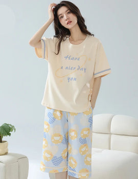 2-Pcs Women’s Cotton Pajama Set – Breathable Short Sleeve Summer Sleepwear with Cute Prints