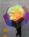 Light Luxury Transparent Rainbow Laser Color Changing Windproof Long Handle Umbrellas Reinforced Sun Rain Gear
