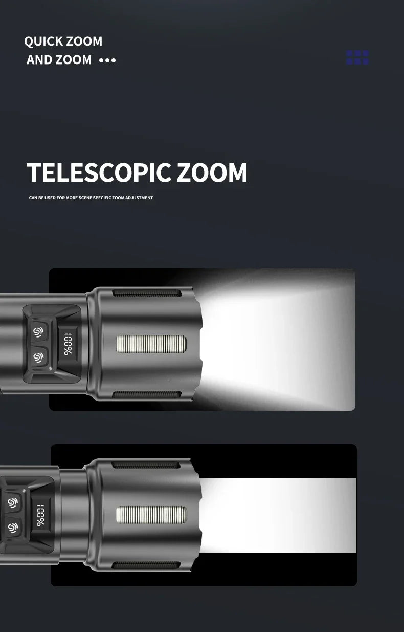 2-in-1 XHP360 High Power Tactical Flashlight Rechargeable Zoom Torch with Camping Light Power Bank Safety Hammer