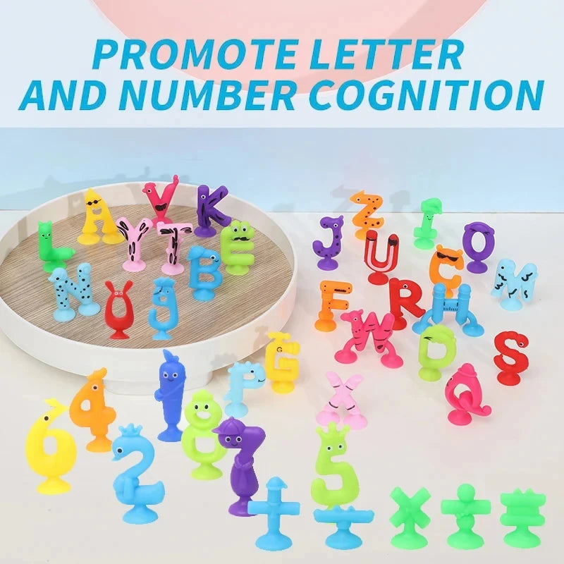 Number Letter Suction Cup Toys Soft Silicone Building Blocks Toy Animal Shape DIY Puzzle Game  Sensory Sucker Bath Toys