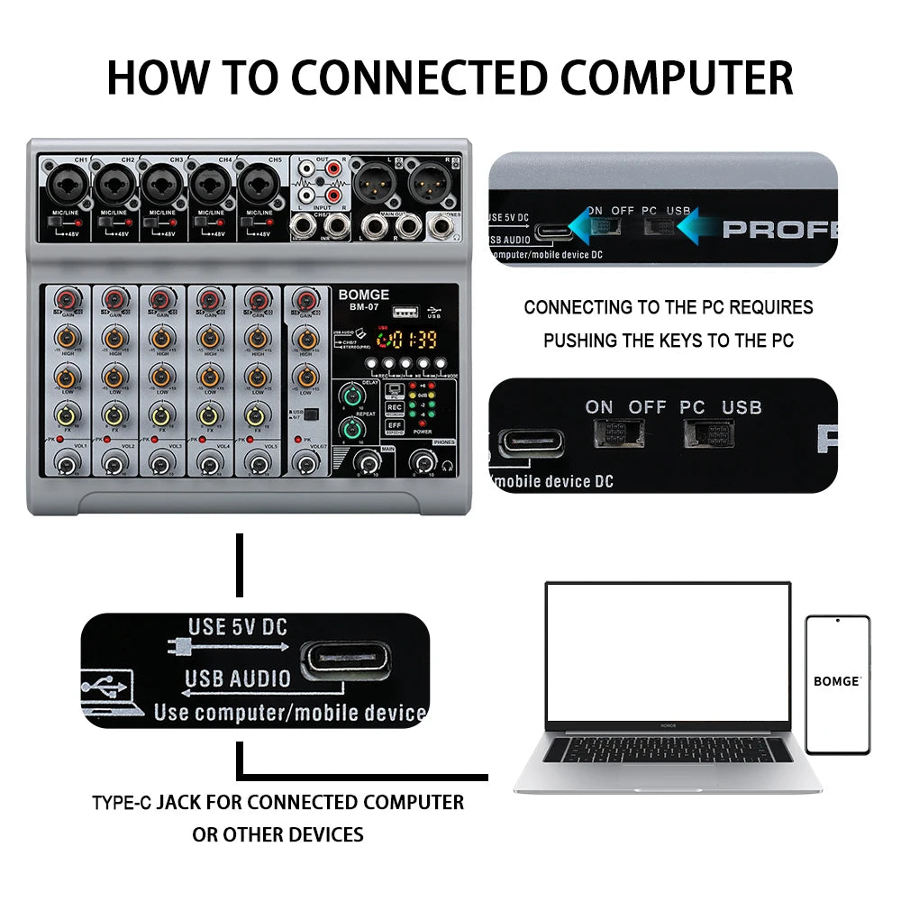 BOMGE 7 Channel Audio Mixer with Bluetooth USB 5 Mic Line 1 Stereo Input XLR Balanced 6.35mm Jack Output With headphone monitor