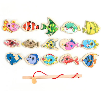 Kids Fishing Toys Montessori Wooden Magnetic Fishing Game Set Cartoon Fishing Rod Educational Toys for Kids Christmas Gift