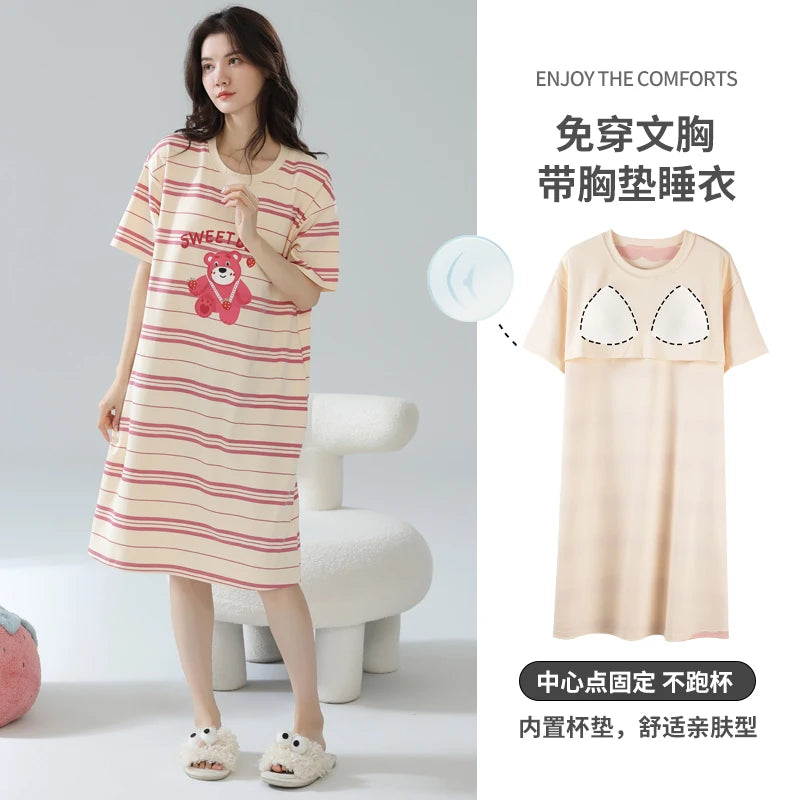 Women’s Cotton Nightgown – Korean Style Cute Print, Summer Short Sleeve Sleepwear Dress