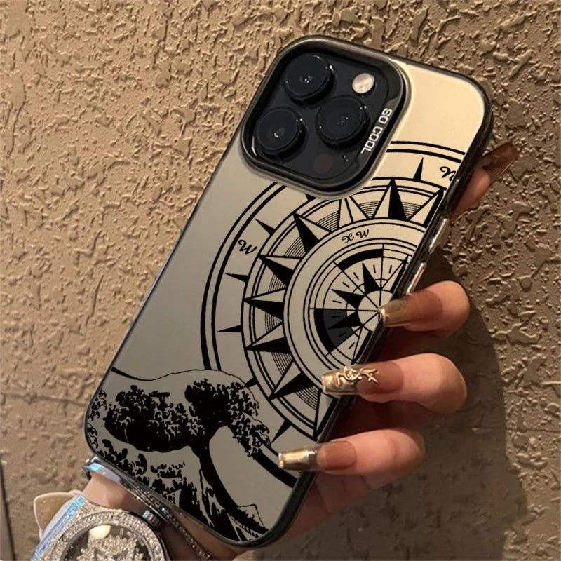 Fashion Vintage Compass Phone Case for iPhone 16 16E 14 15 Pro Max Hard IMD Shockproof Cover