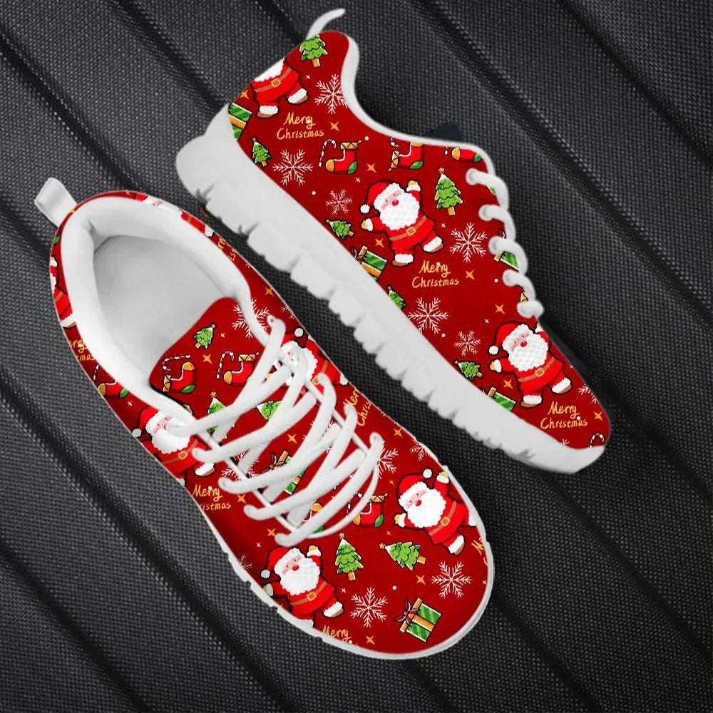 Wear-Resistant Casual Sneakers Santa Claus Snowflake Pattern Lace up Flat Shoes Women Mens Tennis Christmas Gifts