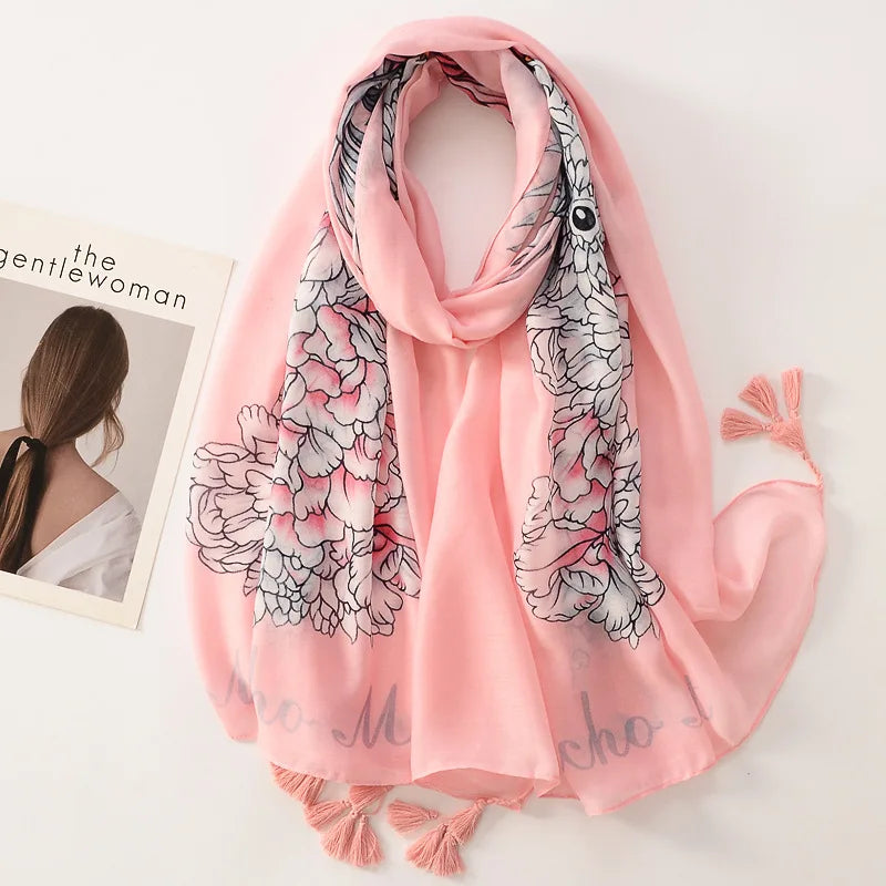 Beige Coffee Scarf Luxury Thin Women Scarves Spring Floral Hijab Veils Soft Cotton Shawl Wrap Tassel Viscose Muslim Woman Hijab