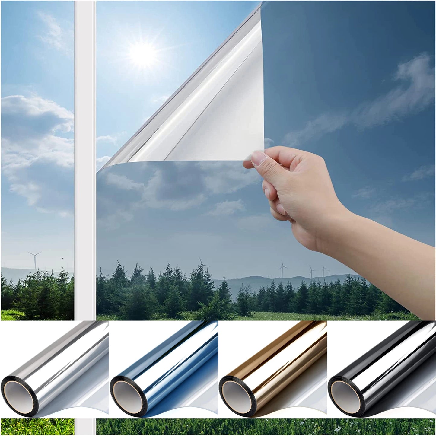 One Way Mirror Window Film Privacy Self-Adhesive Anti UV Heat Control Reflective Window Tint for Home Office Vinyl Silver