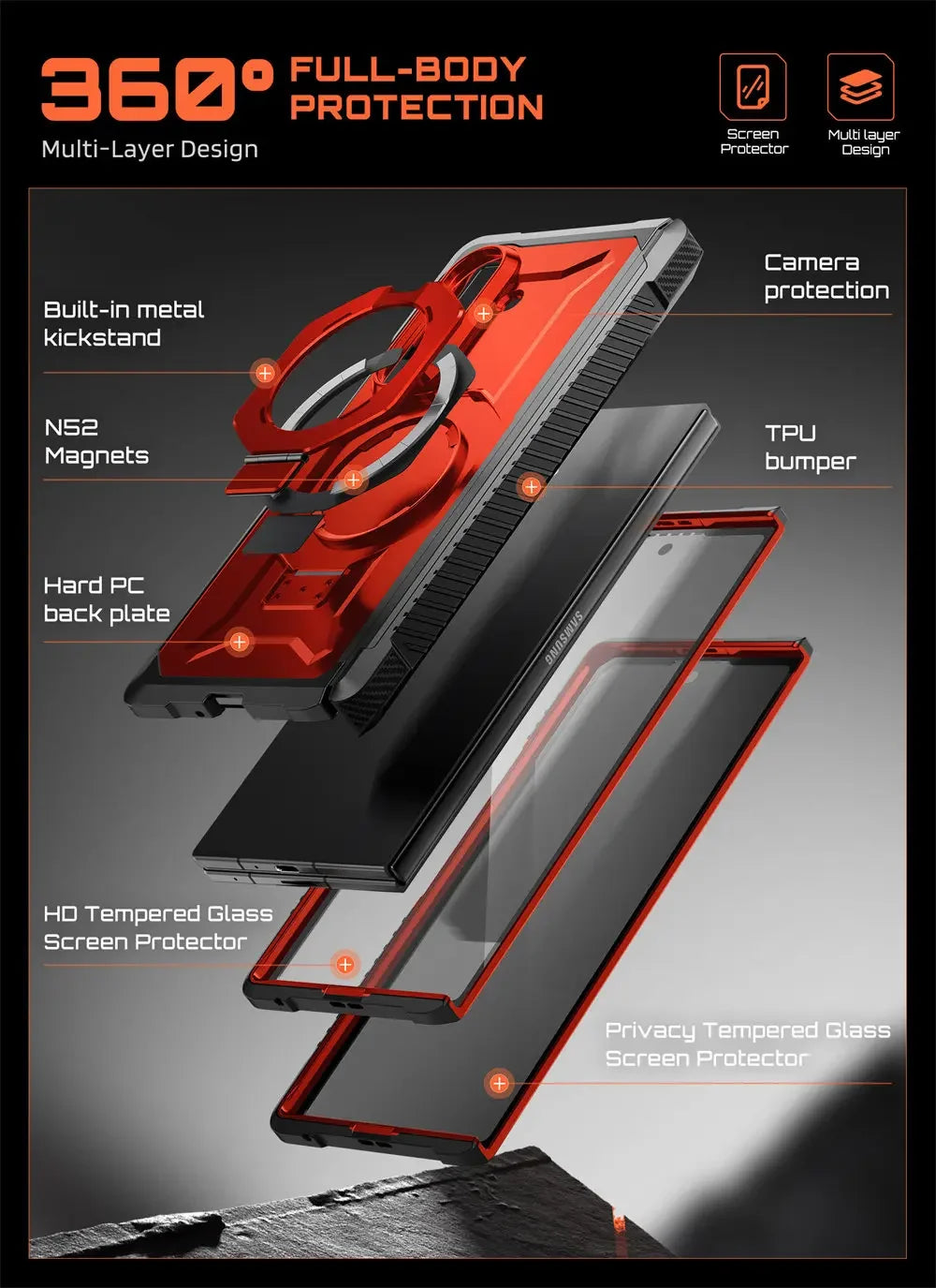 Full Body Rugged Phone Case with Magnetic Ring Kickstand and HD Clear and Privacy Screen Protectors for Samsung Galaxy Z Fold 8 Ultra