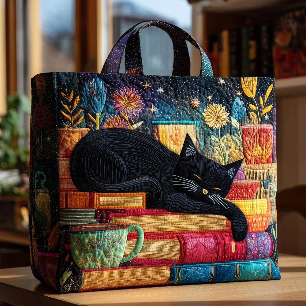 Cat Print Quilted Canvas Tote Bag Large Capacity Floral Shoulder Handbag