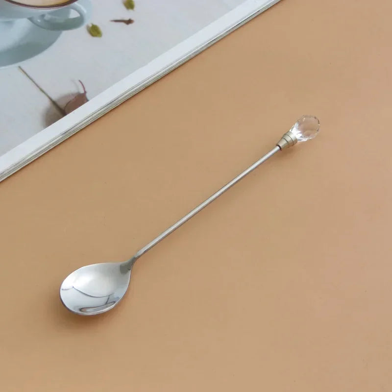 Stainless Steel Diamond Coffee Spoon and Fork Set Creative Crystal Long Handle, Perfect for Desserts, Ice Cream, Cake, and Fruit