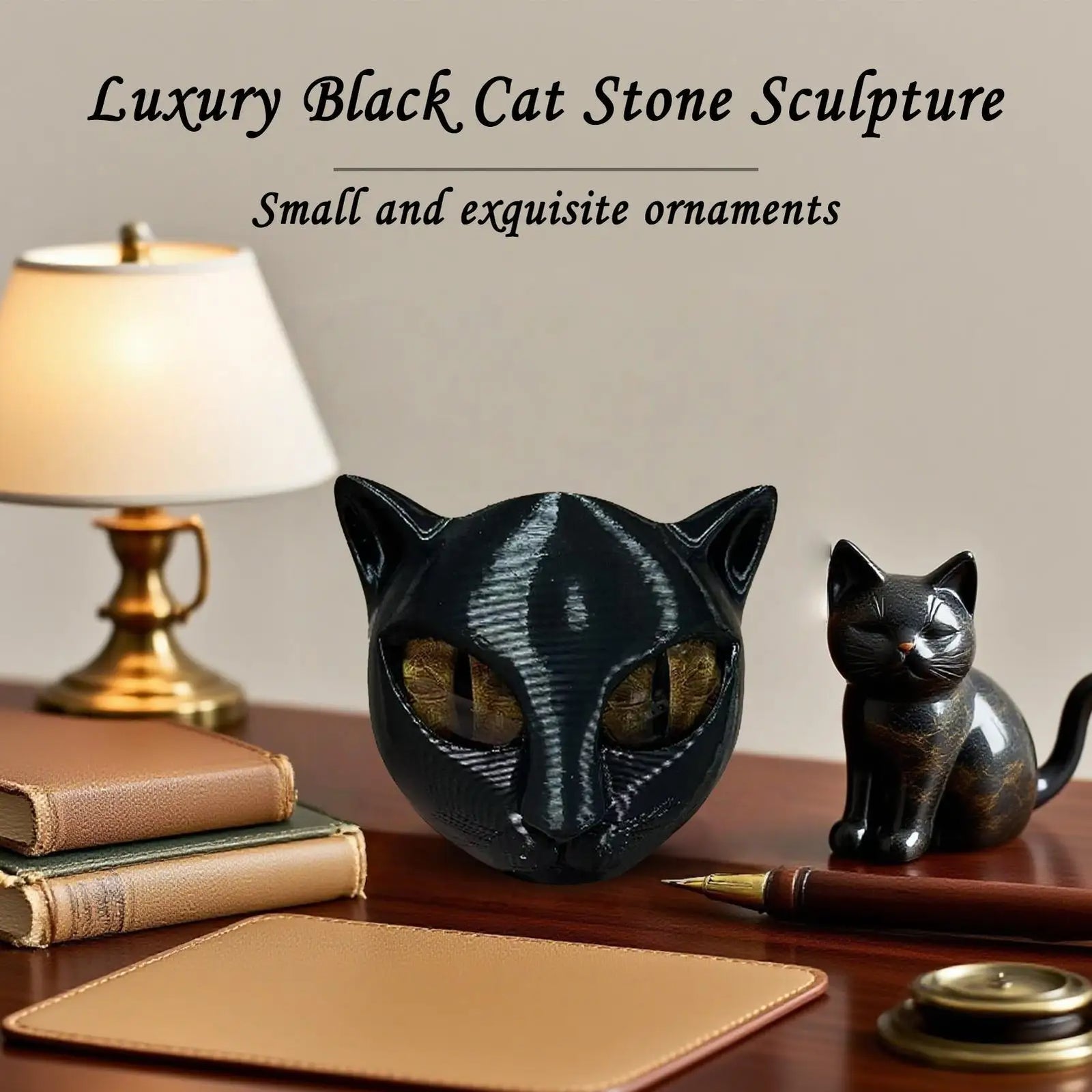 Black Cat Stone Figurine Resin Cat Head Miniature Marble Texture Cat Stone Cat Sculpture Craft Office Desk Cat Decor Kitten Art