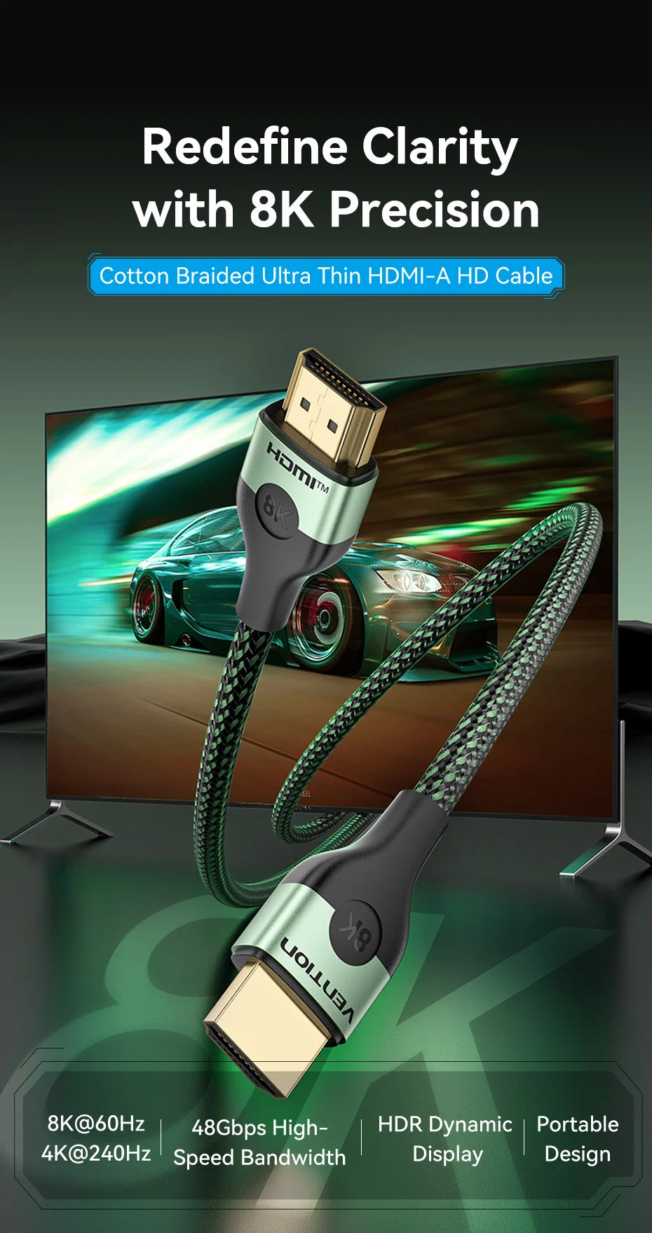 8K HDMI 2.1 Cable for Xiaomi TV Box PS5 48Gbps 8K/60Hz 4K/120Hz HDMI Cable HDR10+ HDCP2.2 for PS4 HDMI Splitter 8K HDMI