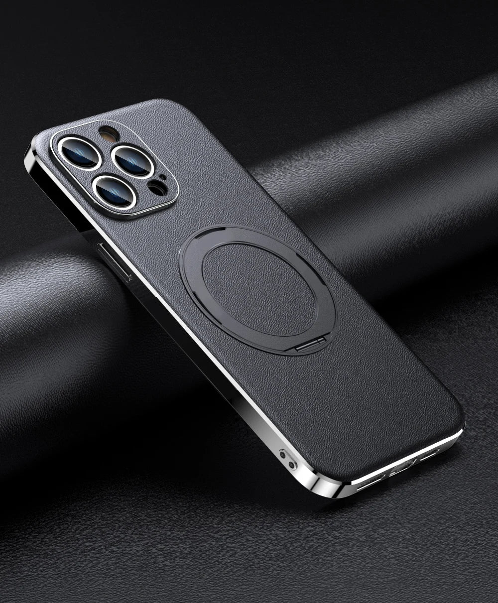 Leather for Magsafe Case for iPhone 16 15 14 Pro Max 16Pro Ring Luxury Lens Protection Holder Phone Back Cover