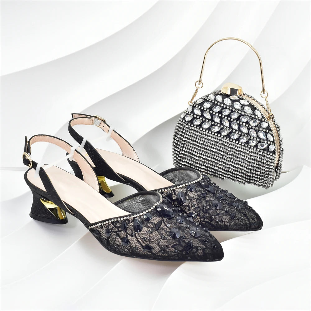 African Wedding Shoes and Bag Set with Rhinestone Italian Design Shoes with Matching Bags Nigerian Lady Party Pumps